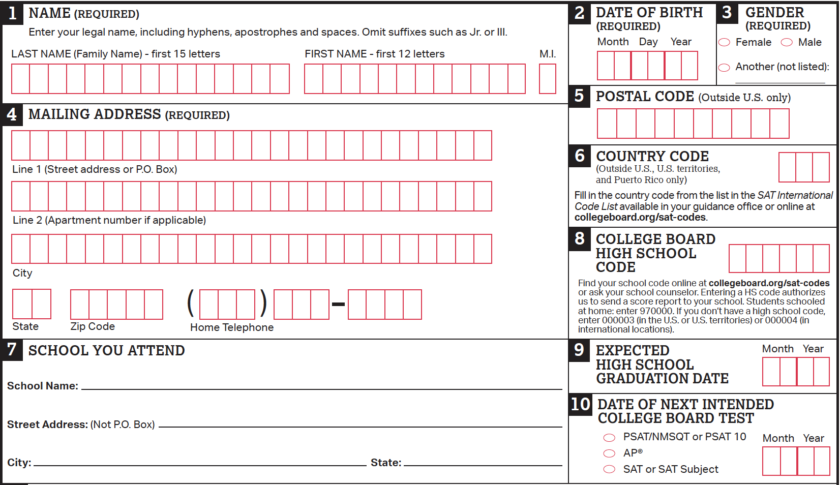 A screenshot of sections 1-10, identifying information, on the paper Student Eligibility Form