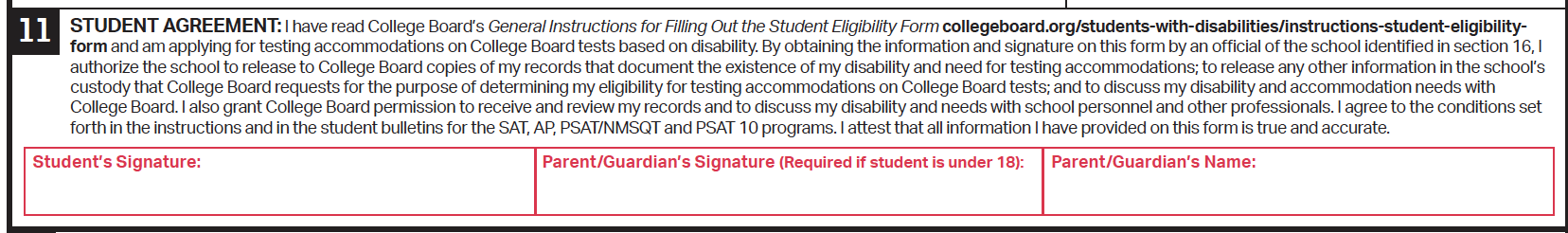 A screenshot of section 11, the signature portion, on the paper Student Eligibility Form