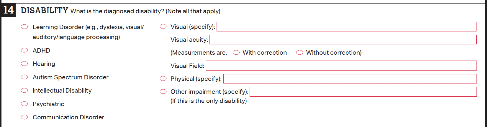 A screenshot of section 14, listing the student’s disability, on the paper Student Eligibility Form