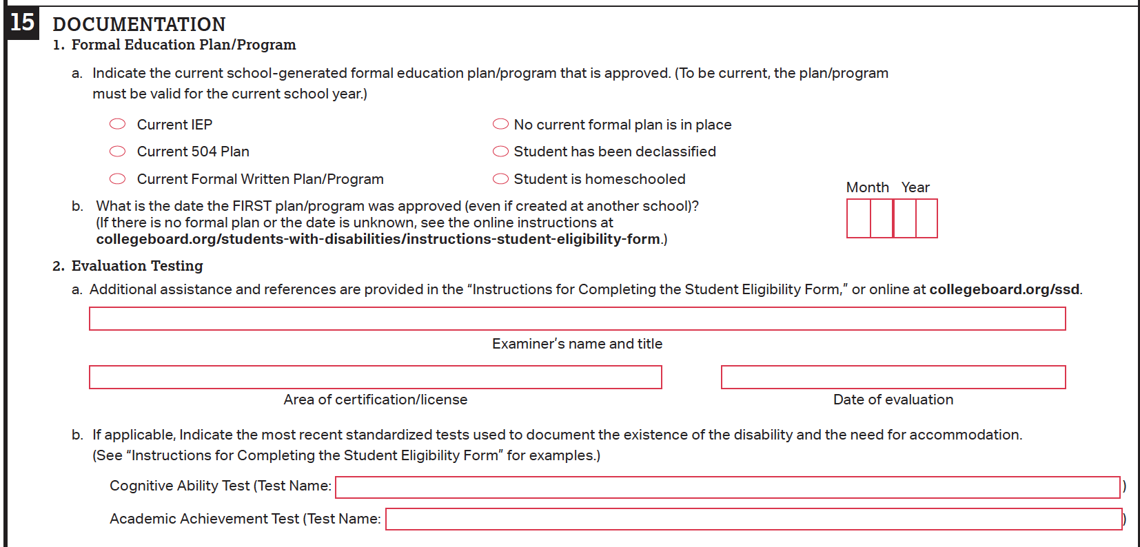 A screenshot of section 15, listing documentation of the disability, on the paper Student Eligibility Form