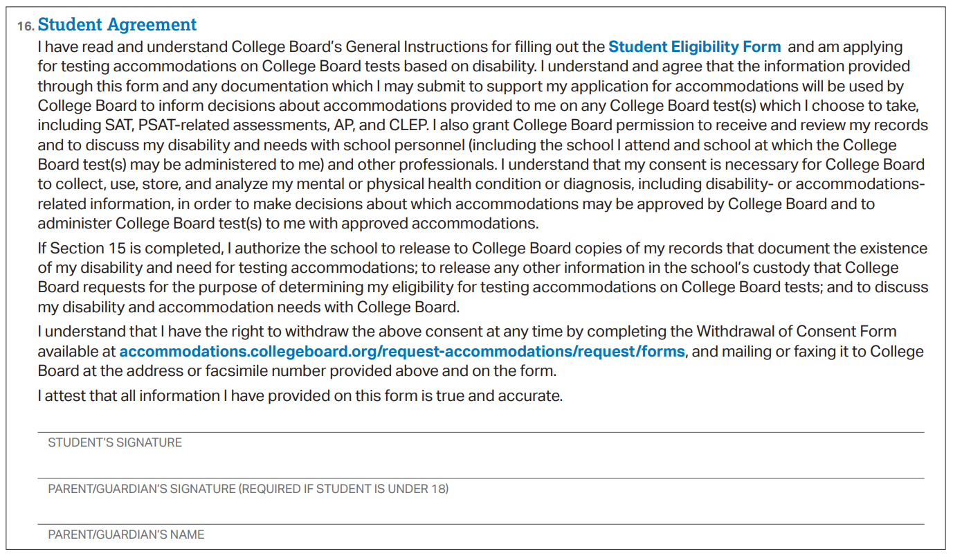 Section 16 - Screenshot of Student Agreement 
