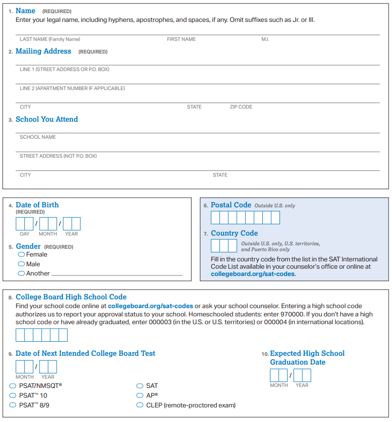 Screen shot of sections 1-10 of Student Eligibility Form including name, address, date of birth, school