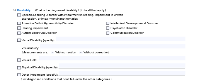 Section 14 of Eligibility Form, Disability Information.