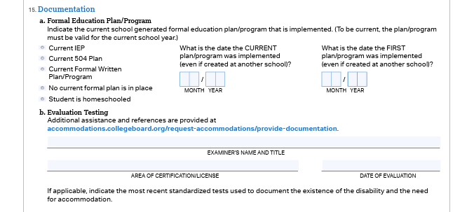 Section 15 of Eligibility Form, Documentation information.